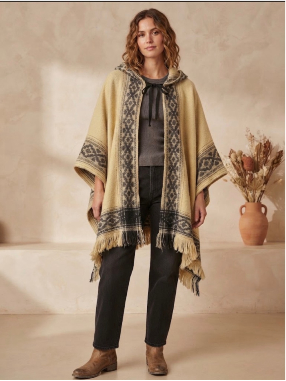 Freshman Forever Hooded Poncho Beige Black Size L/XL